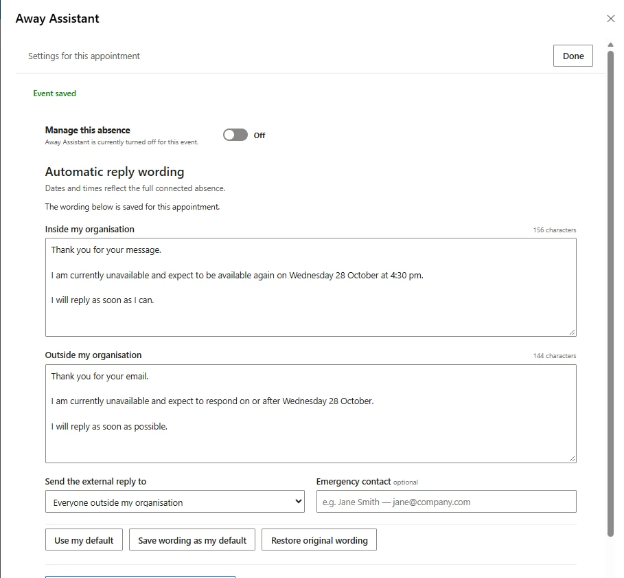 Away Assistant event settings with editable internal and external Automatic Reply wording