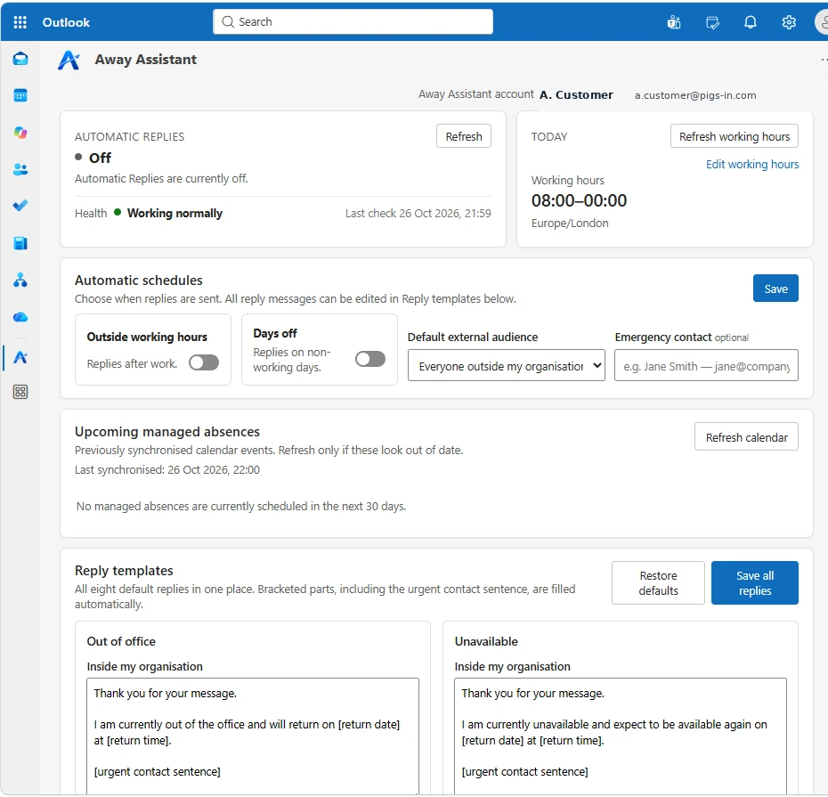 Away Assistant main settings screen showing Automatic Replies, schedules, managed absences and reply defaults