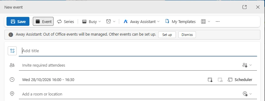 Away Assistant button and banner in an Outlook calendar event